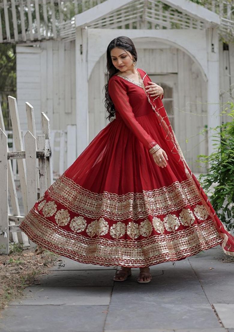 Maroon Sequin Embroidered Faux Blooming Georgette Anarkali Set