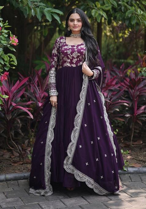 Wine Sequin Embroidered Faux Blooming Georgette Anarkali With Dupatta