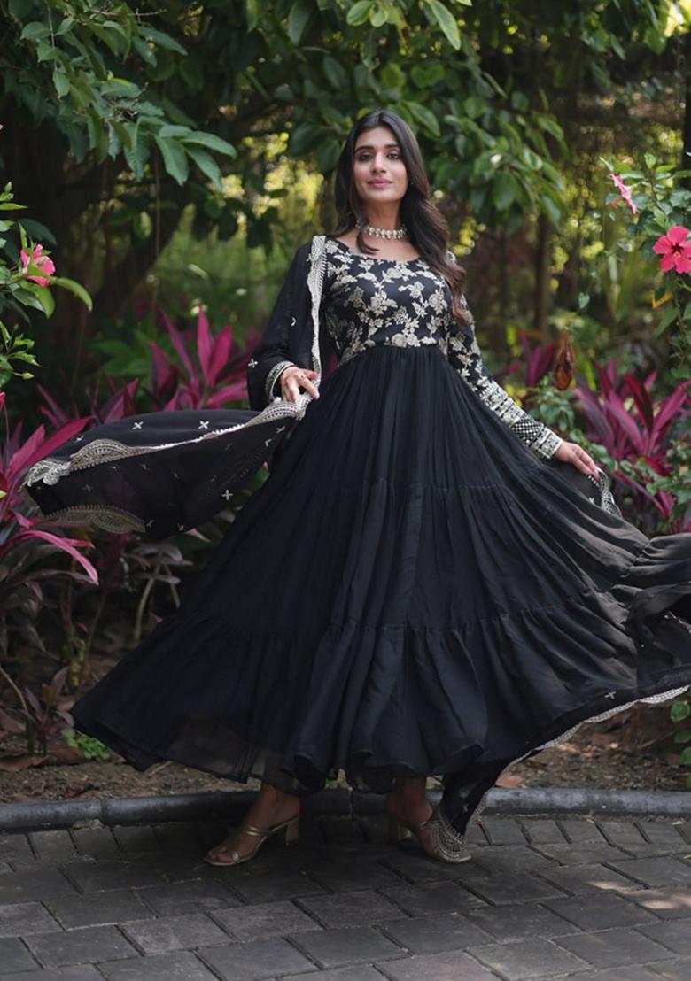 Black Sequin Embroidered Faux Blooming Georgette Anarkali Set