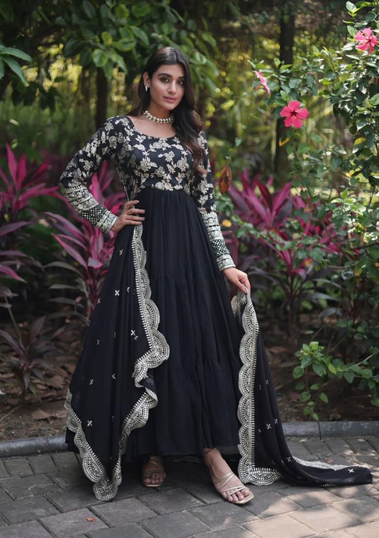 Black Sequin Embroidered Faux Blooming Georgette Anarkali Set