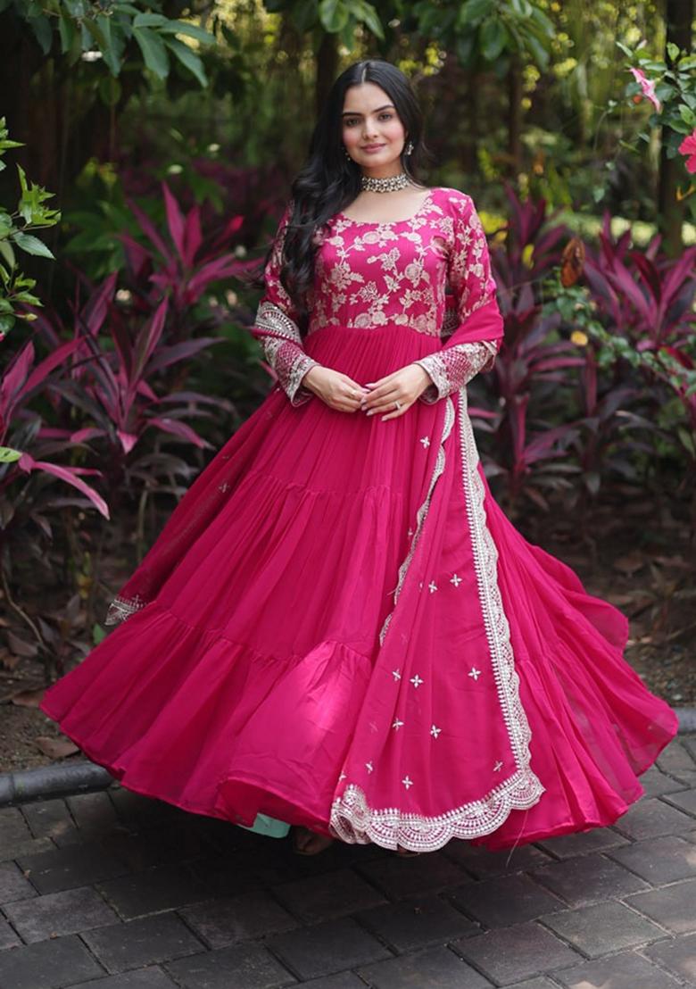 Pink Sequin Embroidered Faux Blooming Georgette Anarkali Set