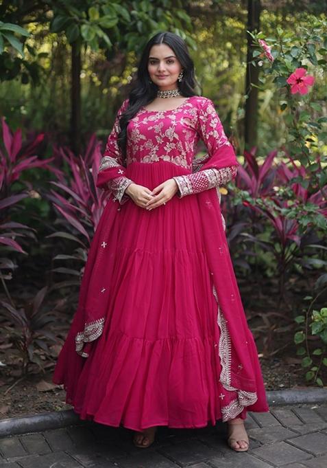 Pink Sequin Embroidered Faux Blooming Georgette Anarkali With Dupatta