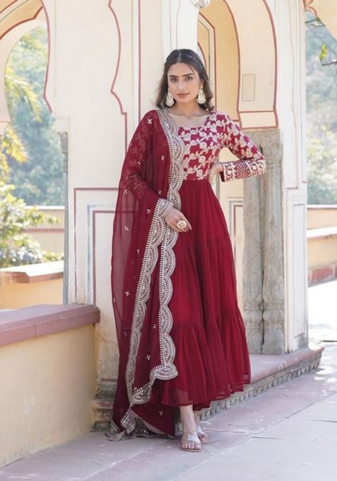 Maroon Sequin Embroidered Faux Blooming Georgette Anarkali With Dupatta