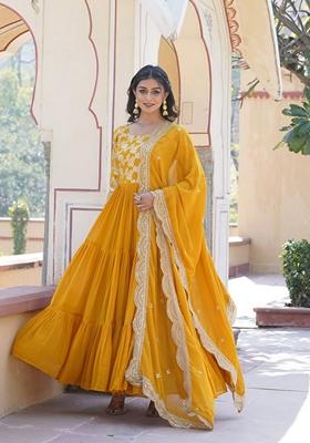 Yellow Sequin Embroidered Faux Blooming Georgette Anarkali Set