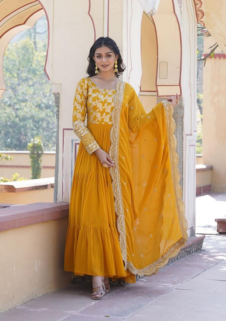 Yellow Sequin Embroidered Faux Blooming Georgette Anarkali Set