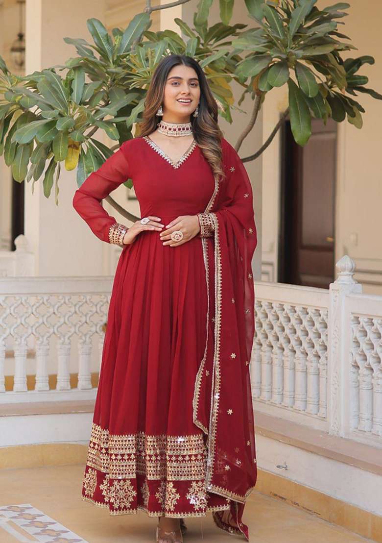 Maroon Sequin Embroidered Faux Blooming Georgette Anarkali With Dupatta - Indya
