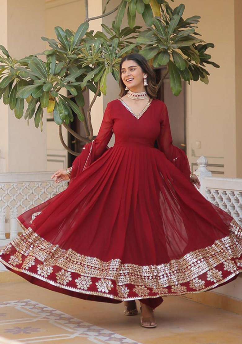 Maroon Sequin Embroidered Faux Blooming Georgette Anarkali With Dupatta - Indya