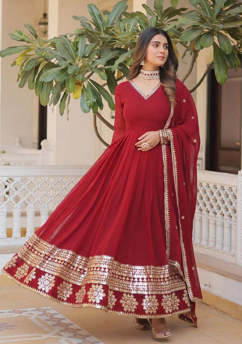 Maroon Sequin Embroidered Faux Blooming Georgette Anarkali With Dupatta - Indya
