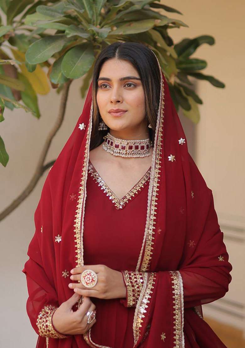 Maroon Sequin Embroidered Faux Blooming Georgette Anarkali With Dupatta - Indya