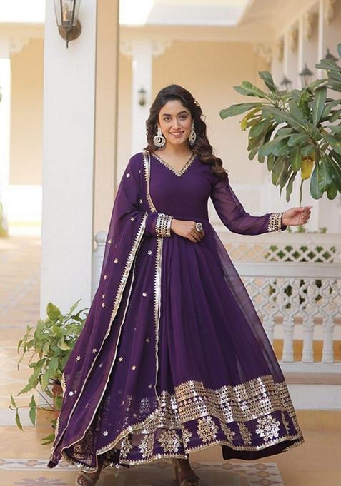 Purple Sequin Embroidered Faux Blooming Georgette Anarkali With Dupatta