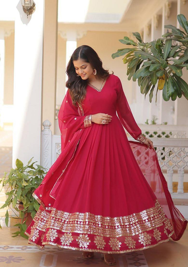 Pink Sequin Embroidered Faux Blooming Georgette Anarkali Set