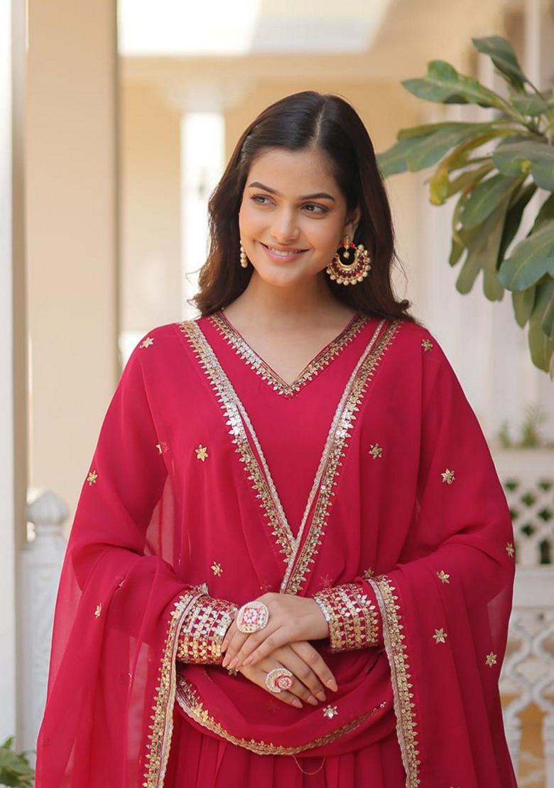 Pink Sequin Embroidered Faux Blooming Georgette Anarkali Set