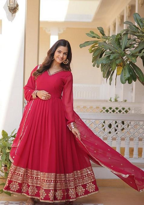 Pink Sequin Embroidered Faux Blooming Georgette Anarkali With Dupatta