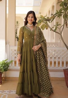 Mehendi Sequin Embroidered Faux Blooming Georgette Anarkali Set