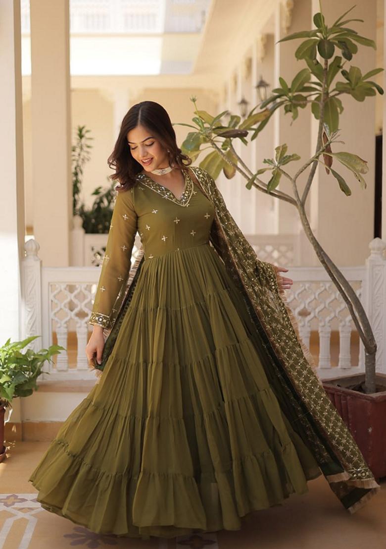 Mehendi Sequin Embroidered Faux Blooming Georgette Anarkali Set