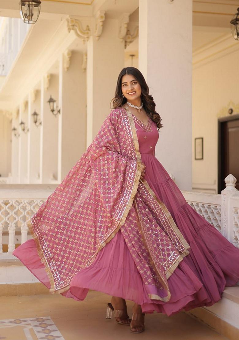 Onion Pink Sequin Embroidered Faux Blooming Georgette Anarkali Set
