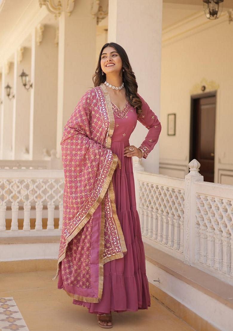 Onion Pink Sequin Embroidered Faux Blooming Georgette Anarkali Set