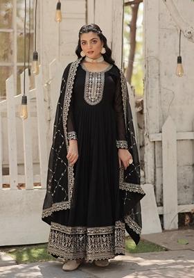 Black Sequin Embroidered Faux Blooming Georgette Anarkali Set