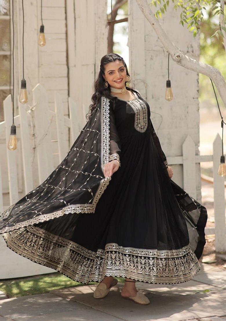 Black Sequin Embroidered Faux Blooming Georgette Anarkali Set