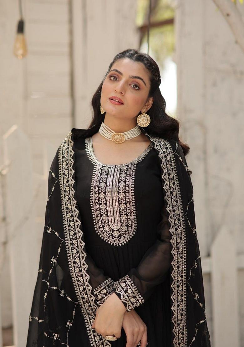 Black Sequin Embroidered Faux Blooming Georgette Anarkali Set
