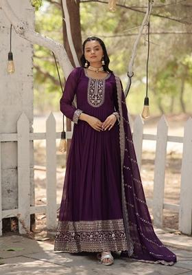 Purple Sequin Embroidered Faux Blooming Georgette Anarkali Set