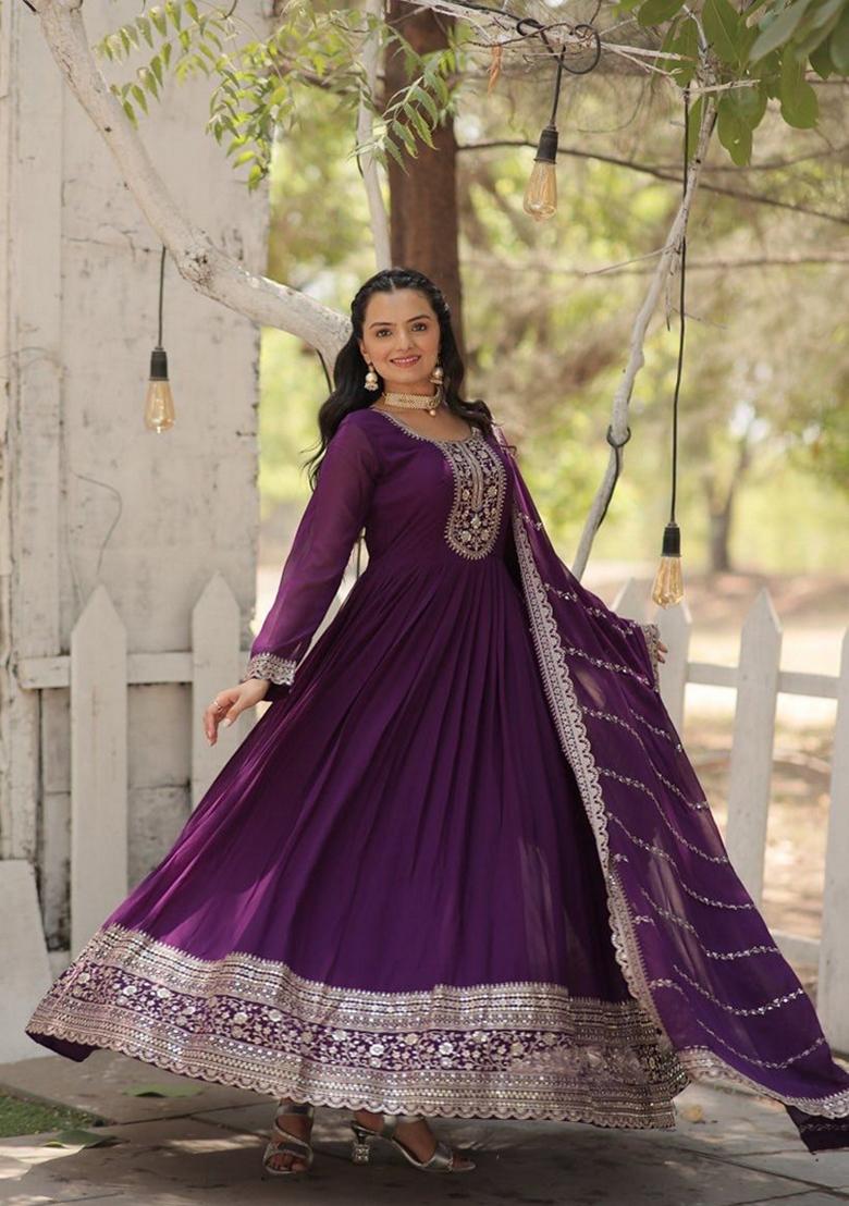 Purple Sequin Embroidered Faux Blooming Georgette Anarkali Set