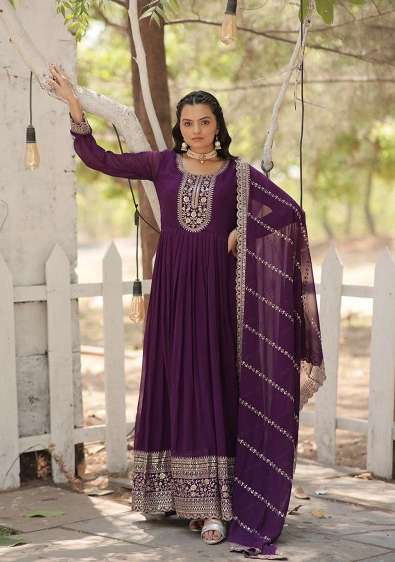 Purple Sequin Embroidered Faux Blooming Georgette Anarkali Set