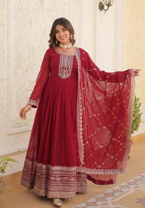 Maroon Sequin Embroidered Faux Blooming Georgette Anarkali With Dupatta