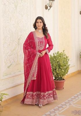 Rani Pink Sequin Embroidered Faux Blooming Georgette Anarkali Set