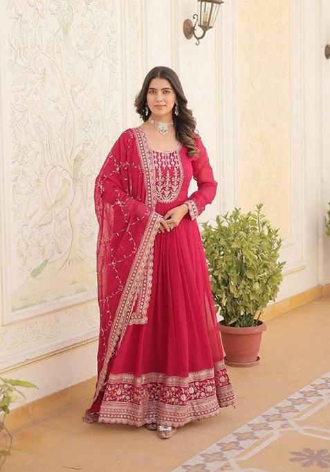 Rani Pink Sequin Embroidered Faux Blooming Georgette Anarkali Set