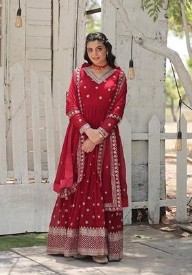 Maroon Sequin Embroidered Faux Blooming Georgette Anarkali Set