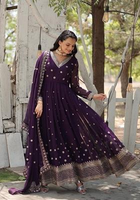 Purple Sequin Embroidered Faux Blooming Georgette Anarkali Set