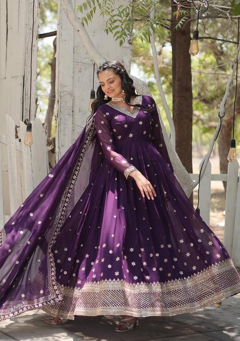 Purple Sequin Embroidered Faux Blooming Georgette Anarkali Set