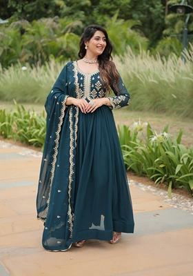 Rama Blue Sequin Embroidered Faux Blooming Georgette Anarkali Set