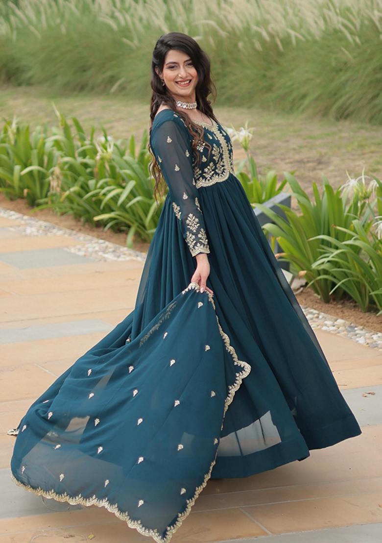 Rama Blue Sequin Embroidered Faux Blooming Georgette Anarkali Set