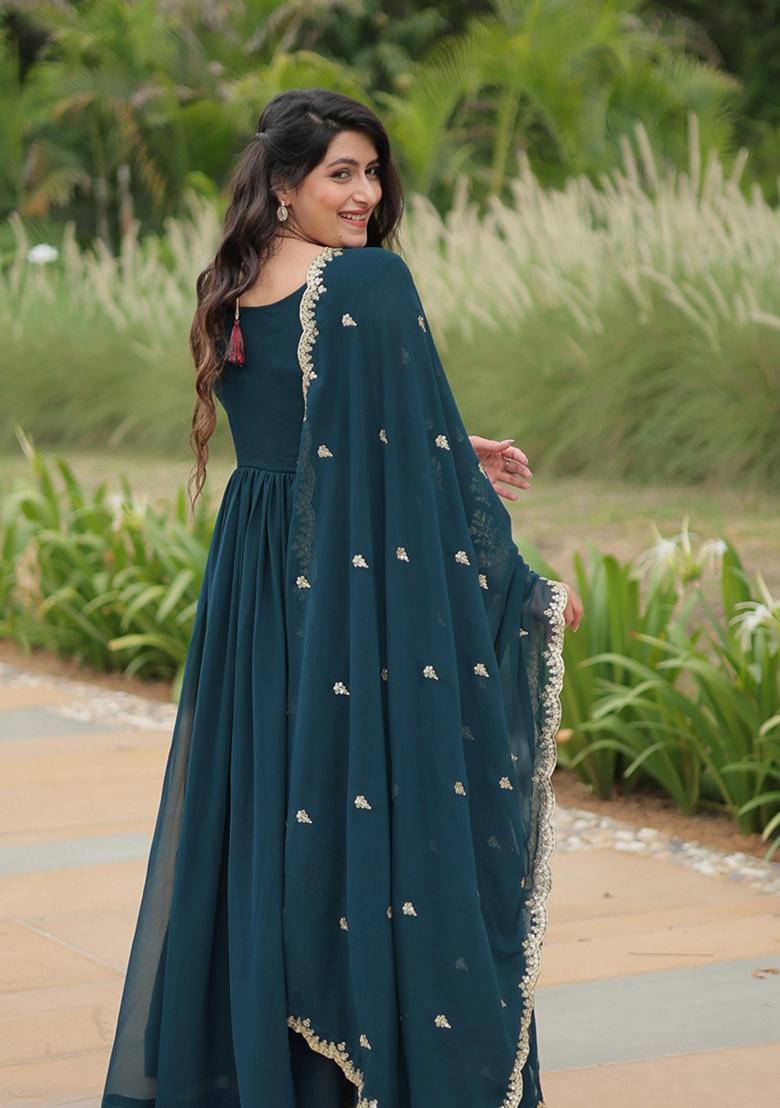 Rama Blue Sequin Embroidered Faux Blooming Georgette Anarkali Set