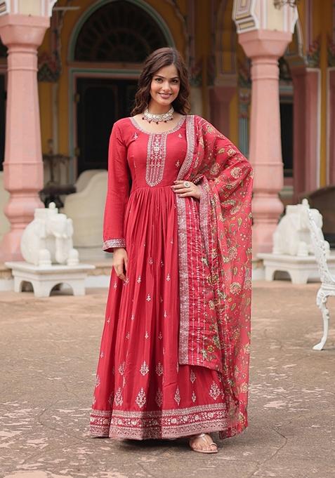 Red Sequin Embroidered Chinon Anarkali With Dupatta