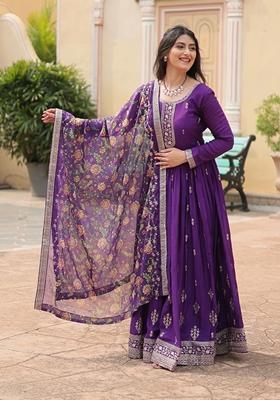 Purple Sequin Embroidered Chinon Anarkali Set