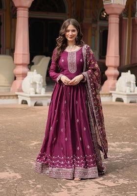 Wine Sequin Embroidered Chinon Anarkali Set