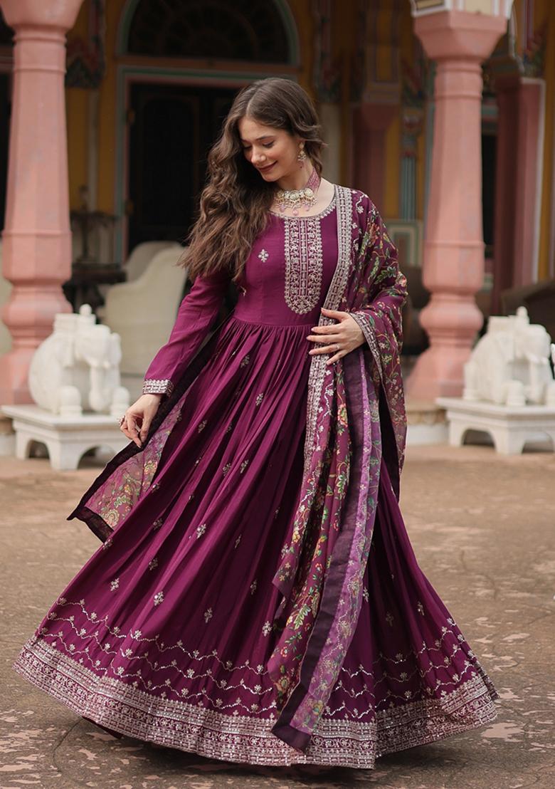 Wine Sequin Embroidered Chinon Anarkali Set