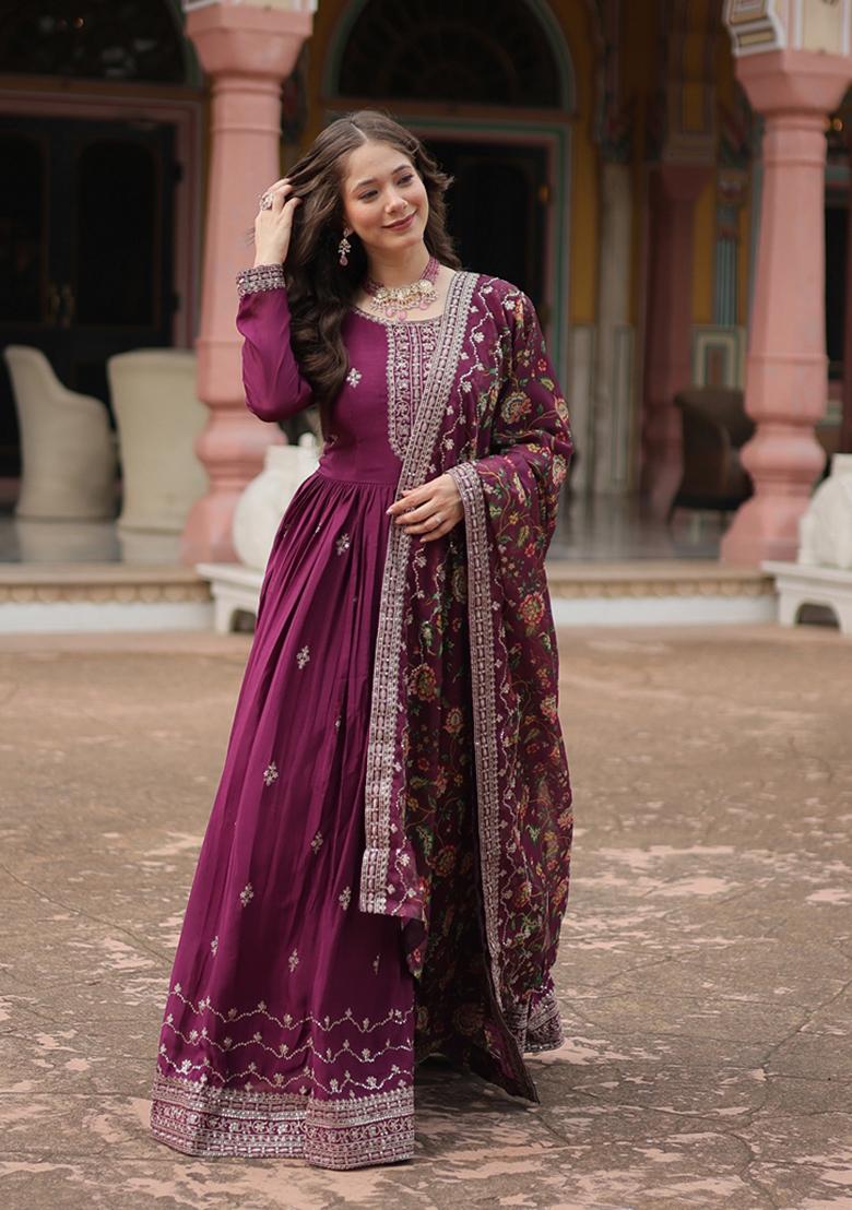Wine Sequin Embroidered Chinon Anarkali Set