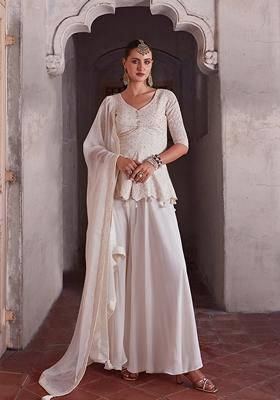 Off White Thread Embroidered Georgette Kurta Set