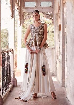 Off White Thread Embroidered Satin Kurta Set