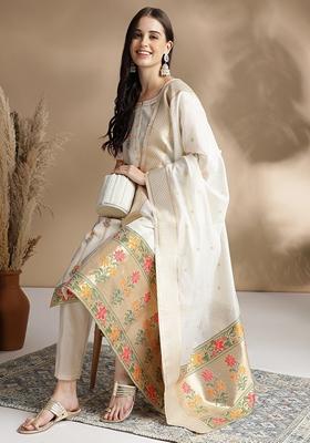 Off White Jacquard Printed Cotton Chanderi Kurta Set With Dupatta