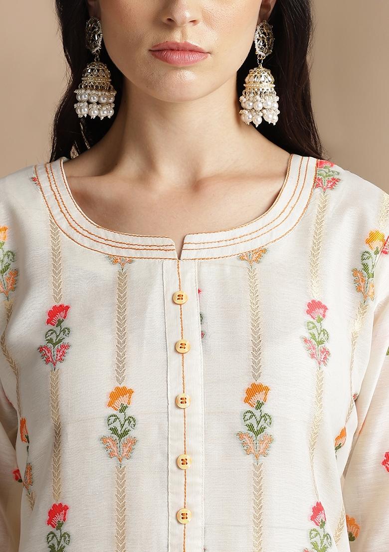 Off White Jacquard Printed Cotton Chanderi Kurta Set