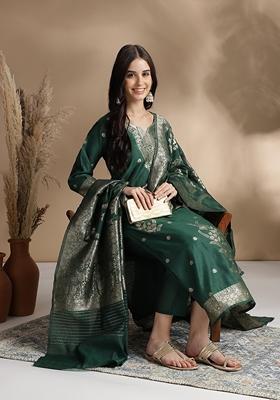 Dark Green Jacquard Printed Cotton Chanderi Kurta Set
