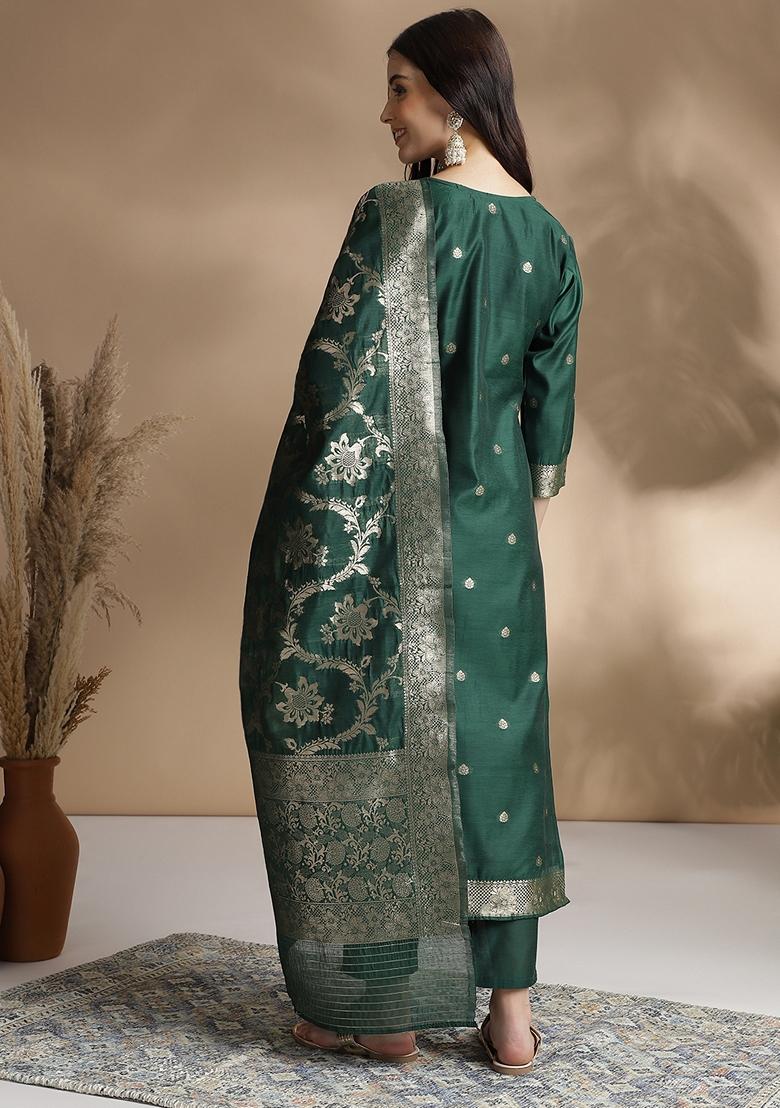 Dark Green Jacquard Printed Cotton Chanderi Kurta Set