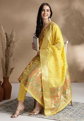 Yellow Jacquard Printed Cotton Chanderi Kurta Set