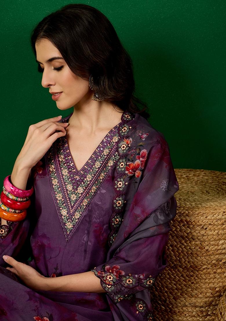 Purple Embroidered Organza Kurta Set