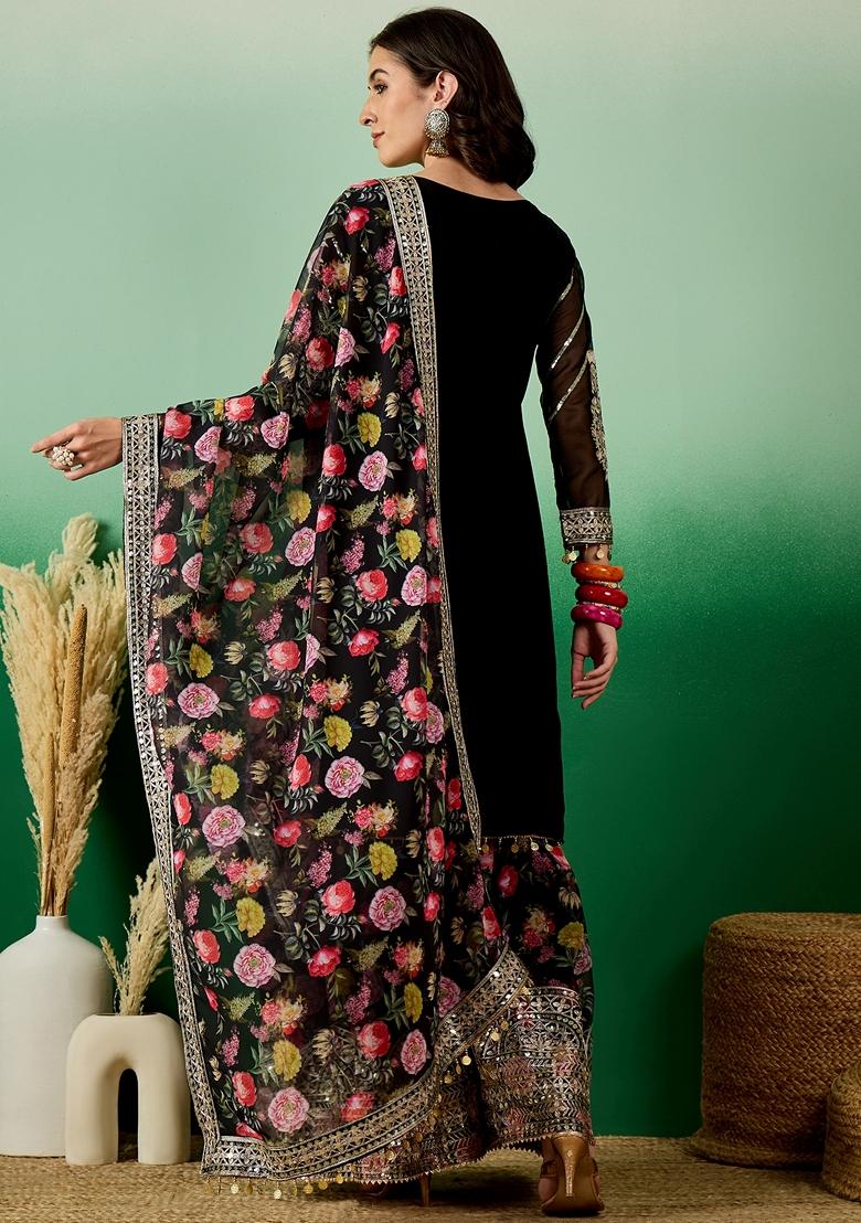 Black Sequin Zari Embroidered Georgette Palazzo Set